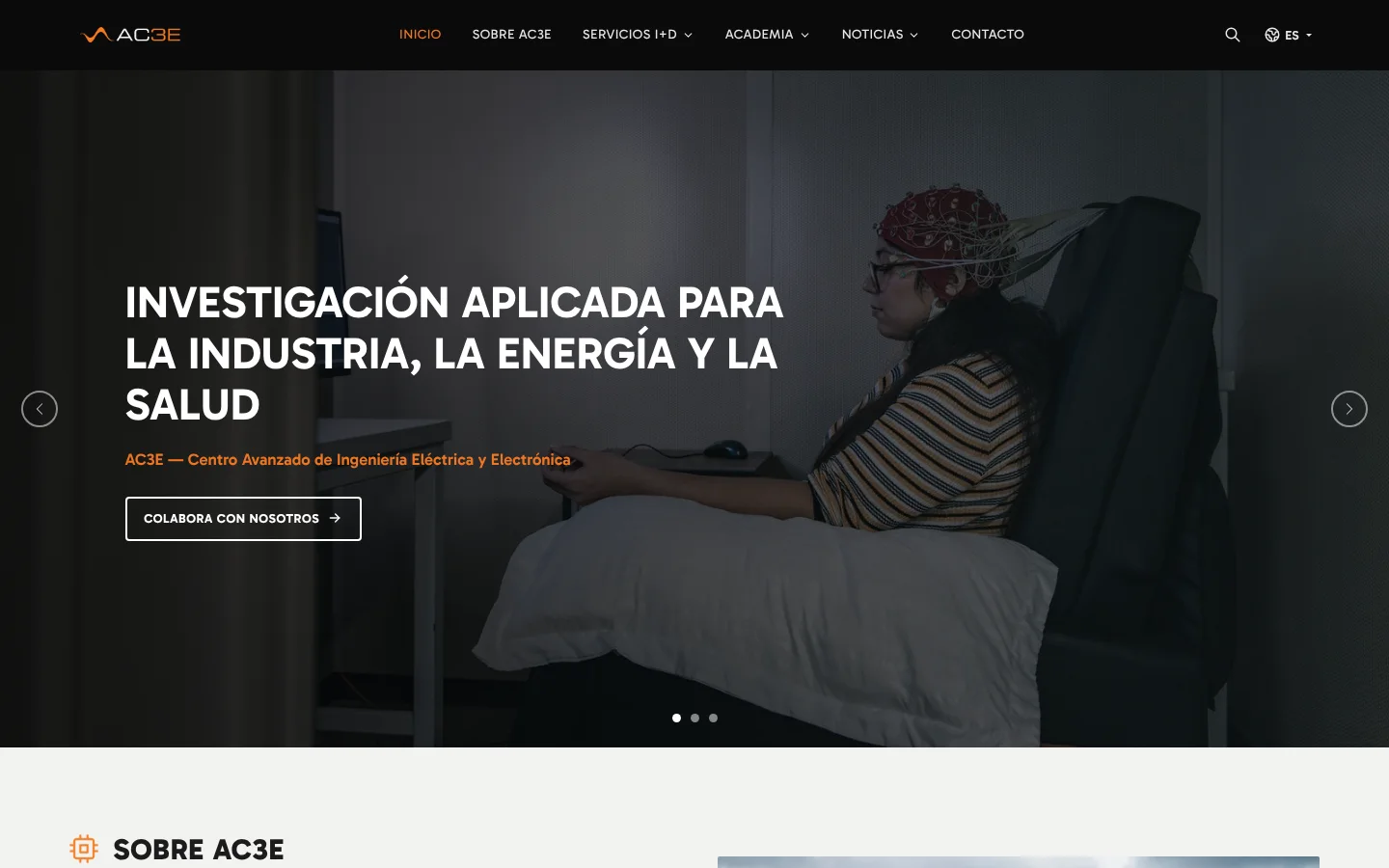 The AC3E website's home page: a research photograph under the headline 'Applied research for industry, energy and health'.
