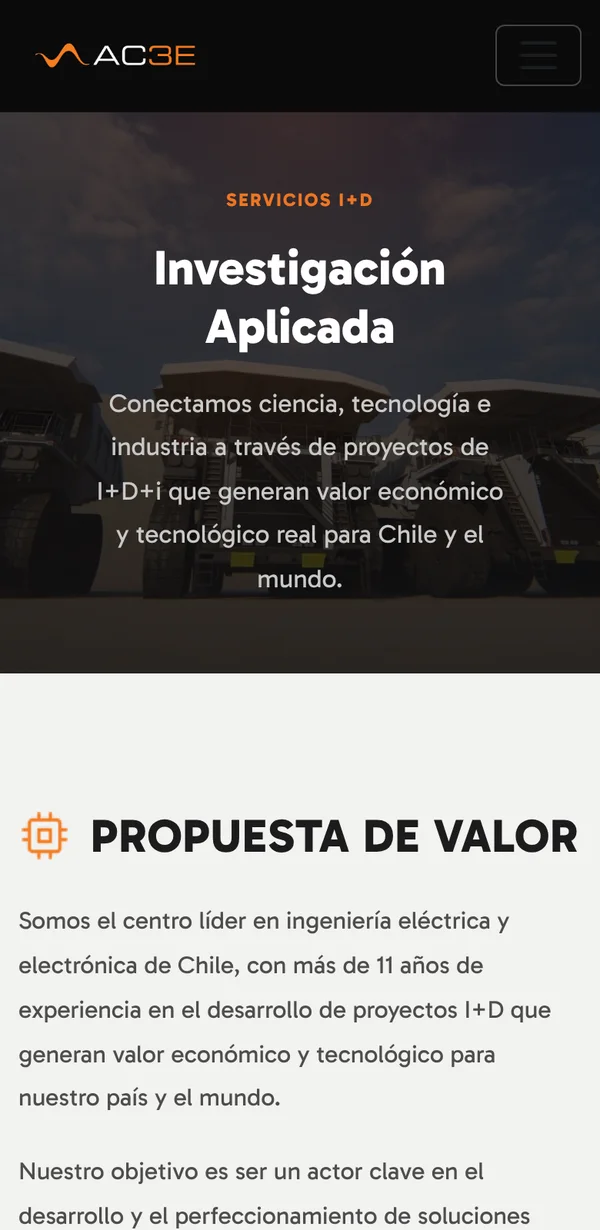 The R&D services page on a phone, with the center's value proposition.