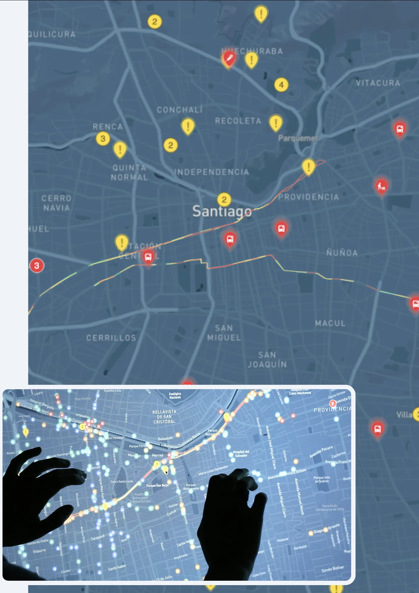 The map zoomed out, with grouped alerts and incidents over Santiago's districts, and an inset of the same map zoomed in to individual buses, on a touch screen.