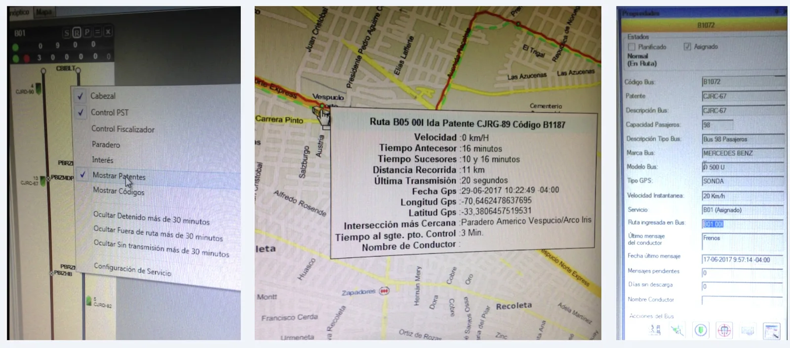 Three photos of the old tools: a route diagram with a context menu, a street map with a bus's details in a popup, and a bus's properties form.